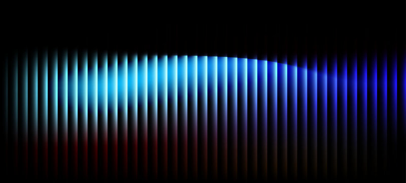 Ribbed neon glass 3d background with vertical striped texture, bright red blue gradient. Luminous transparent surface with lighting effect.