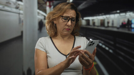 Woman with glasses and hooped earrings taps smartphone on platform in building; anxiety waiting uncertainty.