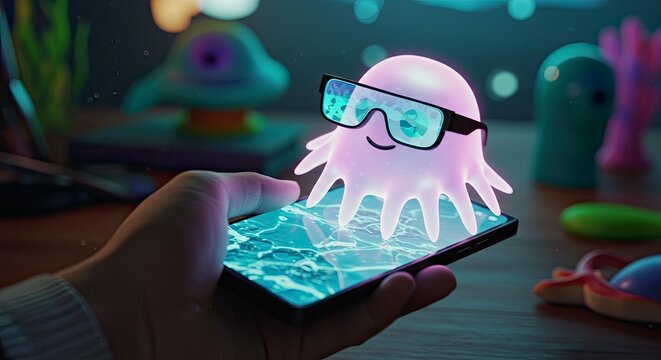 3 d rendered octopus character wearing glasses on smartphone screen