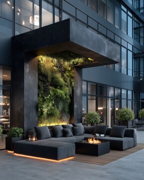 Modern luxury outdoor seating with black stone canopy and lush green vertical garden for stylish hospitality.

