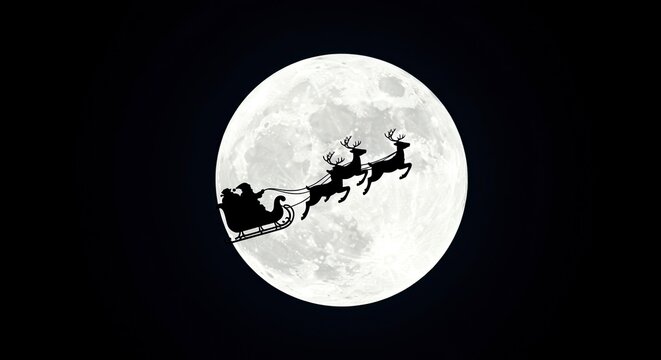 Santa claus silhouette flying sleigh across moon at night
