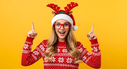 A joyful woman with reindeer antlers and a christmas sweater pointing up isolated on yellow background