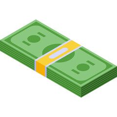 Isometric Stack of Green US Dollar Bills Tied with Yellow Band on Transparent Background