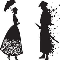 Elegant black-and-white silhouette artwork featuring a poised Victorian woman with ornate gown and parasol facing a fragmented samurai dissolving into ink splatters. The composition explores contrast 