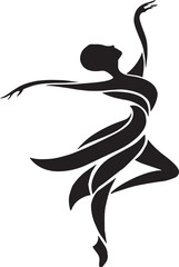 Minimalist black-and-white silhouette of a dancer in motion, formed from flowing ribbon-like shapes. The figure strikes a graceful pose with extended limbs and elevated leg, capturing the fluidity and