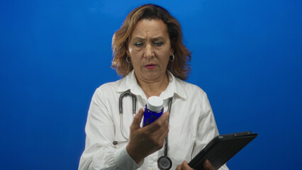 Hispanic woman with stethoscope holds pill bottle and checks tablet in studio; care professionalism concern.