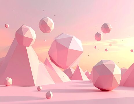 Minimalist 3D Low-Poly Geometric Shapes Floating in Soft Pastel Pink and Beige Space Background.