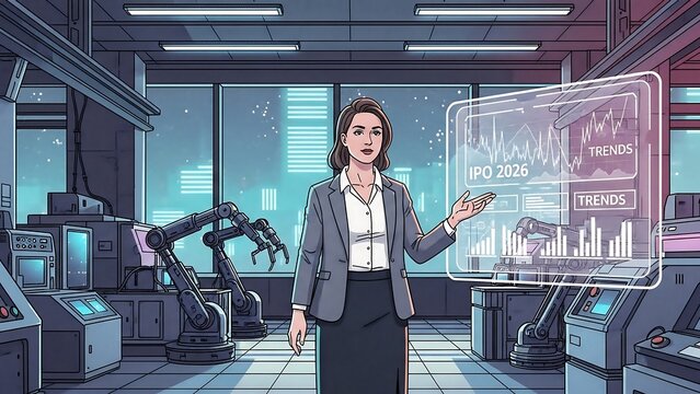 Futuristic Businesswoman Presenting Data in a High-Tech Factory Setting.
