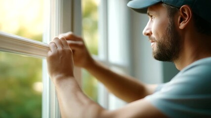 Professional handyman adjusting window in defocused house, faceless worker installation, fitting visualization detail, blurred residential background, adjustment concept, professio