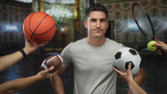 Man holds soccer ball and football while multiple hands offer basketball and tennis racket in ornate building; confidence teamwork determination.
