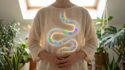 Human Gut Microbiome, a Scientific Diagram Illustrating Internal Biological System Wellness and Support