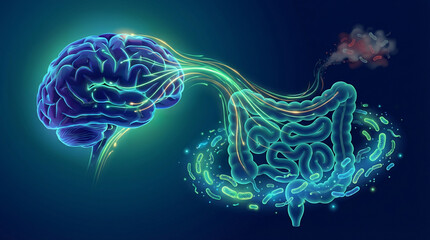 Exploring the Human Brain Gut Microbiome System, a Scientific 3D Diagram Illustrating Biological Communication and Wellness