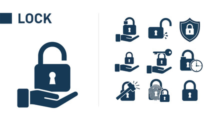 Vector illustration of collection of lock icons in dark blue isolated on