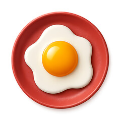 Adorable fried egg cartoon icon on red plate isolated on transparent background for bakery branding, cafe labels and breakfast marketing, Playful 3D fried egg design on colorful red plate, PNG