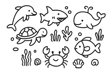 Outline drawing of cute ocean animals set featuring dolphin shark whale turtle and crab