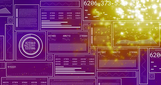 Golden particle flare starting, data panels updating while gauge counting, charts showing live data