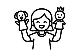 Happy person performing a puppet show with dog and royal character puppets