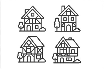 Four traditional European half-timbered houses outlines featuring minimal trees and bushes
