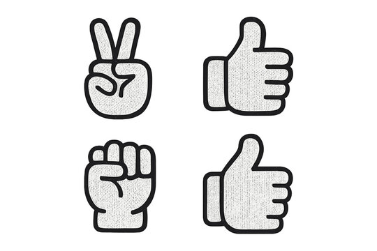 Common hand gestures set including thumbs up, peace sign, and powerful closed fist symbols