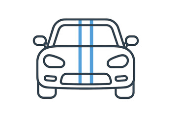 Obraz premium Minimalist front view outline of a modern sports car icon with vertical blue racing stripes