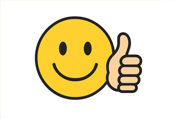 Happy yellow smiley face emoticon giving a thumbs up gesture on a white background