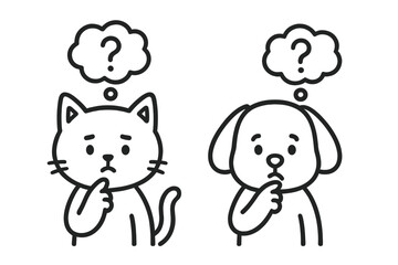 Naklejka premium Adorable cat and dog characters looking puzzled with thought bubbles