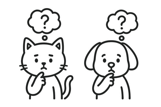 Adorable cat and dog characters looking puzzled with thought bubbles
