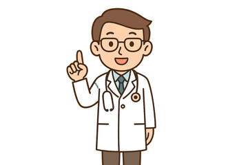 Fototapeta premium Smiling male doctor in white coat and glasses pointing index finger up for advice