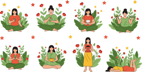 Vector woman nature set, girl sitting with leaves and flowers, healthy lifestyle, relaxation poses, self care collection, isolated.