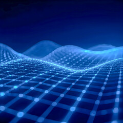 Blue Digital Wave Background with Glowing Grid and Futuristic Network Lines