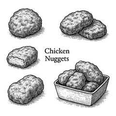 Chicken Nuggets in Vintage Engraving Style Transparent Background