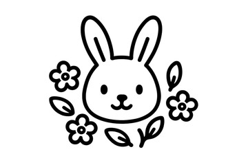 Obraz premium Cute rabbit face in minimalist black outline style framed by small blossoms and foliage