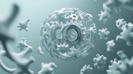 Programmable matter, a swarm of millions of microscopic catoms (claytronic atoms) shifting in unison to form a perfect, metallic sphere that then morphs into a complex gear, abstract, high-tech. 