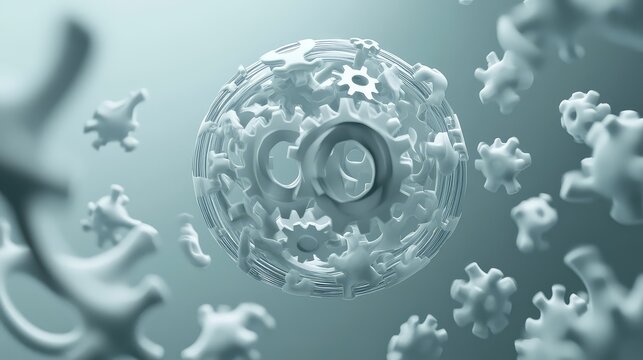 Programmable matter, a swarm of millions of microscopic catoms (claytronic atoms) shifting in unison to form a perfect, metallic sphere that then morphs into a complex gear, abstract, high-tech. 