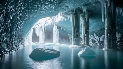 Mystical Ice Cave with Frozen Water and Stalactites.
