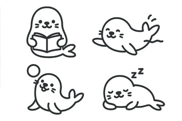 Cute cartoon seal character set doing various activities reading swimming and sleeping