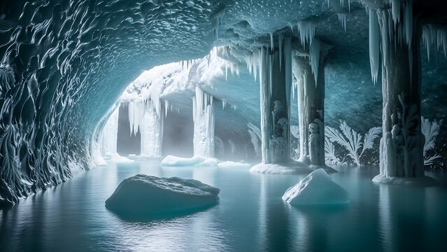 Mystical Ice Cave with Frozen Water and Stalactites.