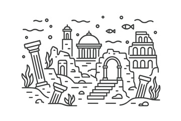 Naklejka premium Ancient underwater city ruins with submerged columns, arches, historical buildings, and swimming fish