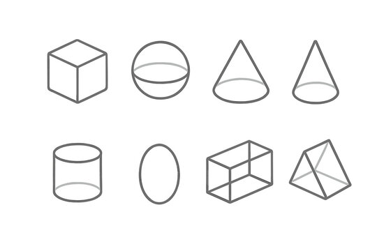 Set of basic 3D geometric shapes represented as wireframe outlines for education and design
