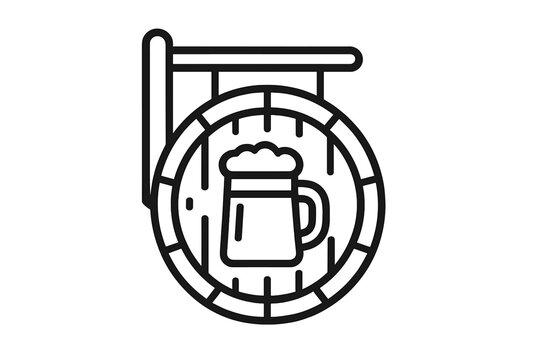 Classic hanging pub sign featuring a frothy beer mug on a stylized wooden barrel