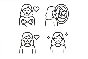 Woman embracing self-love, self-care, and body positivity with mirror reflection and heart symbols