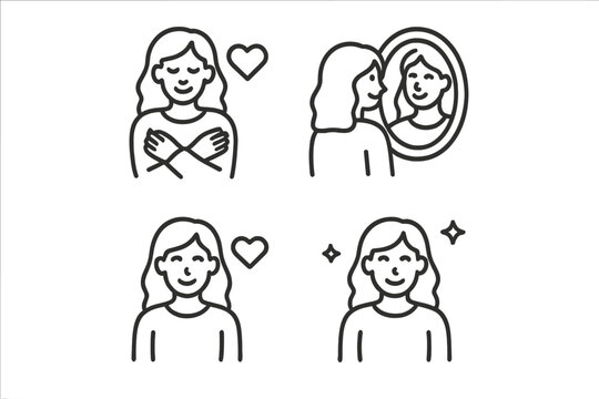 Woman embracing self-love, self-care, and body positivity with mirror reflection and heart symbols - Powered by Adobe