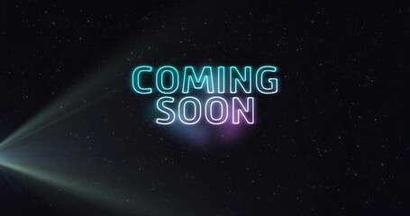 COMING SOON text being revealed by left beam, cyan neon brightening, glow pulsing, teasing release