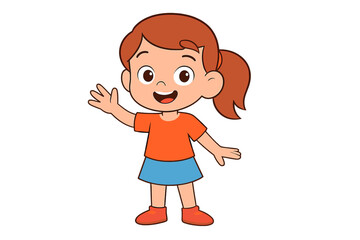 Obraz premium Cheerful young girl with ponytail standing and waving hand in friendly greeting gesture