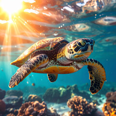 Fototapeta premium Sea turtle close-up underwater with bright sunlight and flag