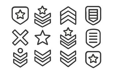 Collection of military rank insignia badges and army chevron symbols in minimalist outline style