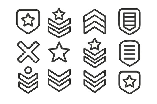 Collection of military rank insignia badges and army chevron symbols in minimalist outline style