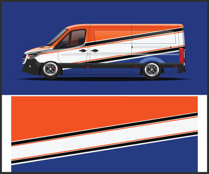 Modern van wrap design with orange white and blue graphics for branding