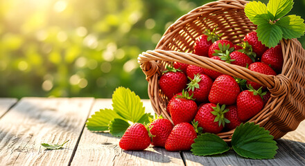 Fresh red strawberries spilling from woven basket on rustic wooden table strawberry fruit