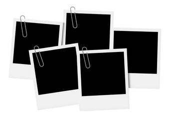 Polaroid photo frames with paper clips isolated on transparent background